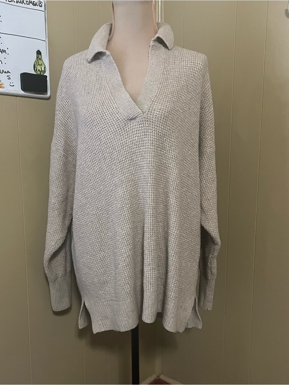 Aerie XL V-Neck Oversized Knit Sweater Light Brown/Taupe Cozy Winter Neutral - Picture 7 of 9